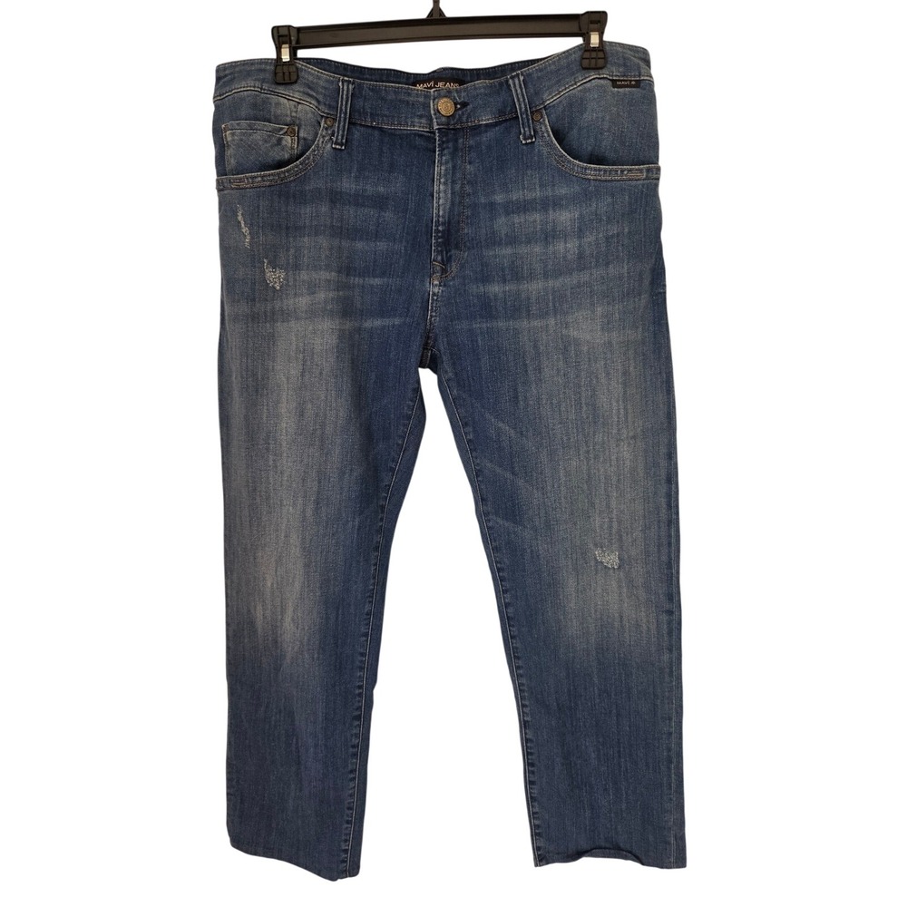 Mavi Jeans Mens Medium Wash Distressed Straight Leg Denim Jeans Blue Size 36x32